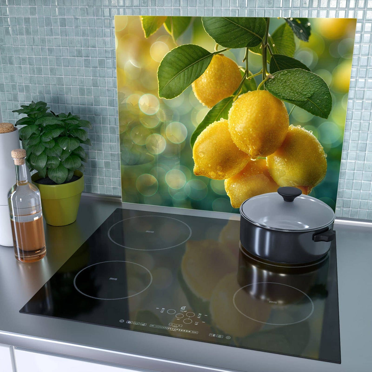 1-teilige Abdeckung für Herdplatten mit Zitronenbaum-Motiv als Spritzschutz hinter dem Kochfeld