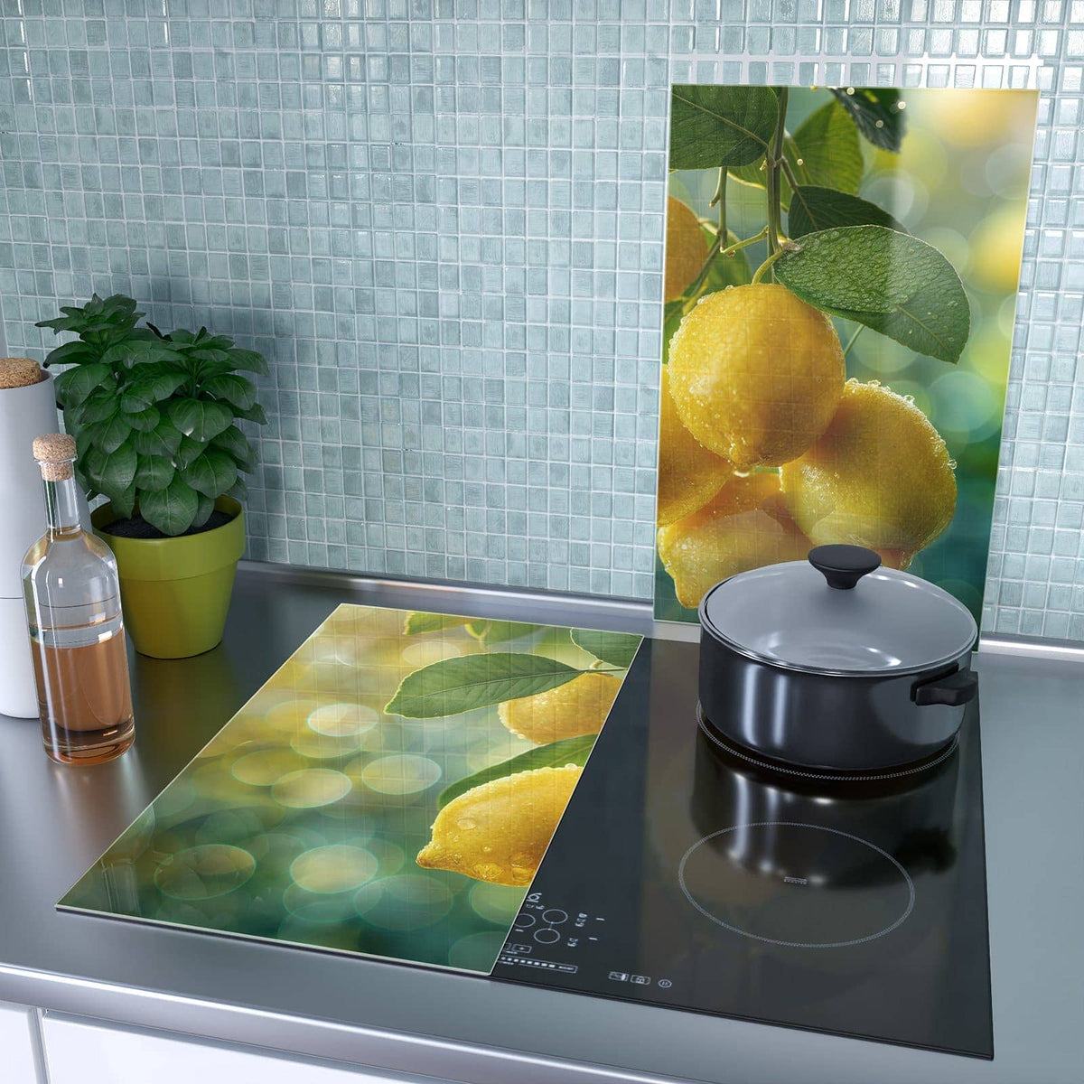 2-teilige Abdeckplatten für Ceranfeld mit Zitronenbaum-Motiv als Spritzschutz hinter dem Kochfeld