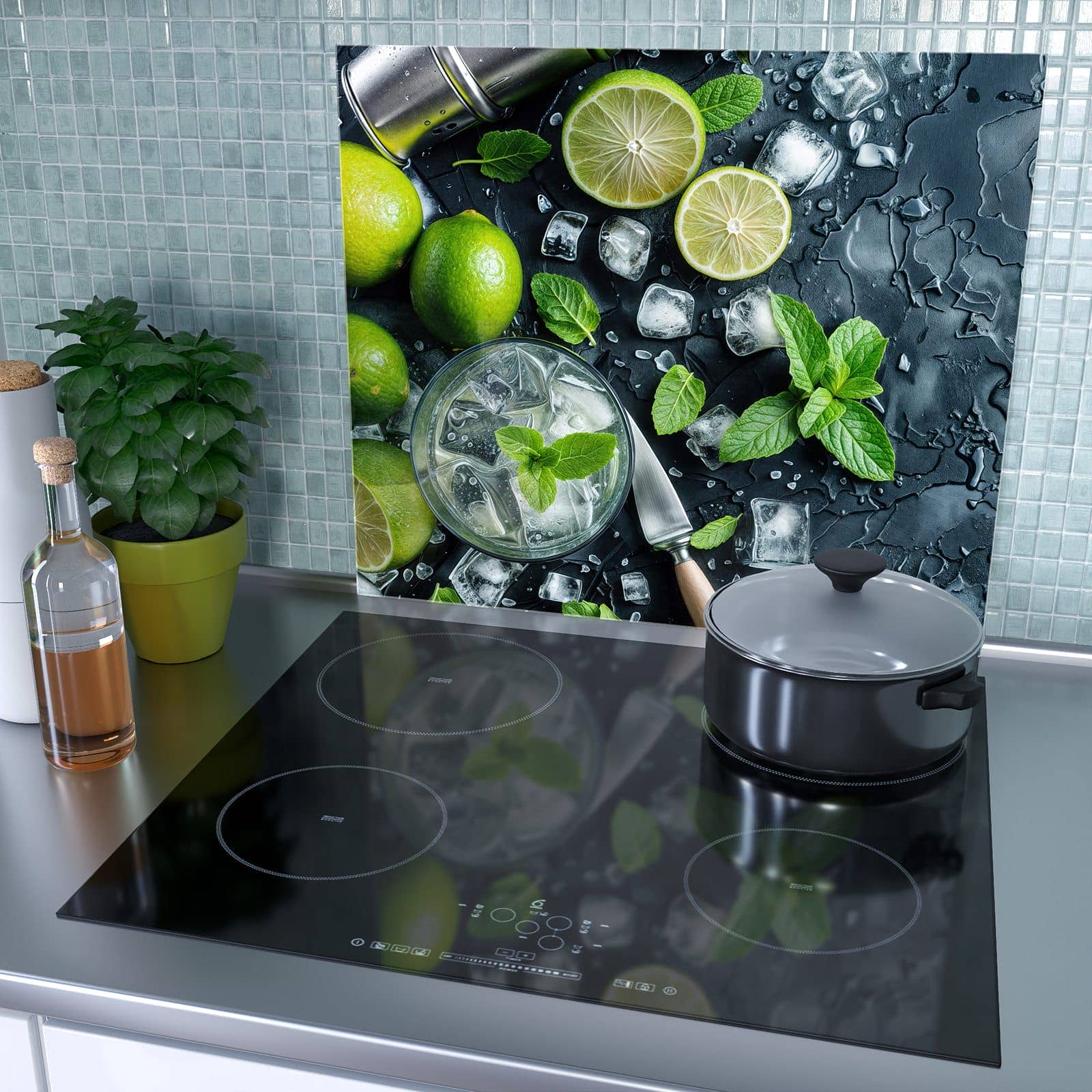 1-teilige Herdabdeckplatte für Ceranfeld mit Frische Limetten-Motiv als Spritzschutz