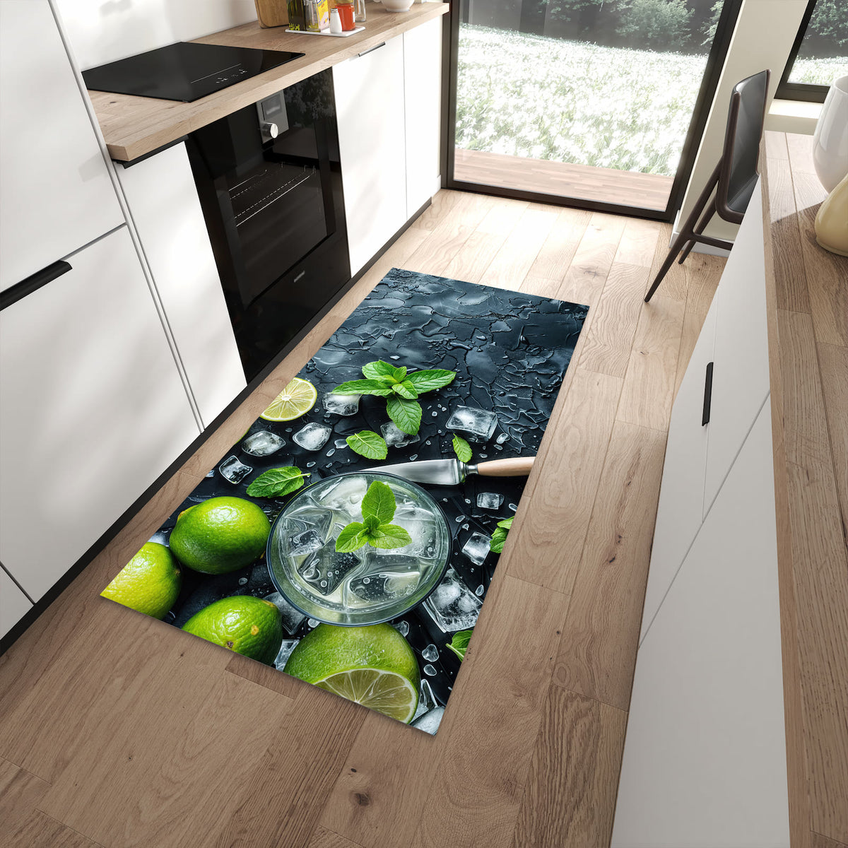 Abwaschbarer Küchenläufer mit Motiv Frische Limetten in moderner Küche