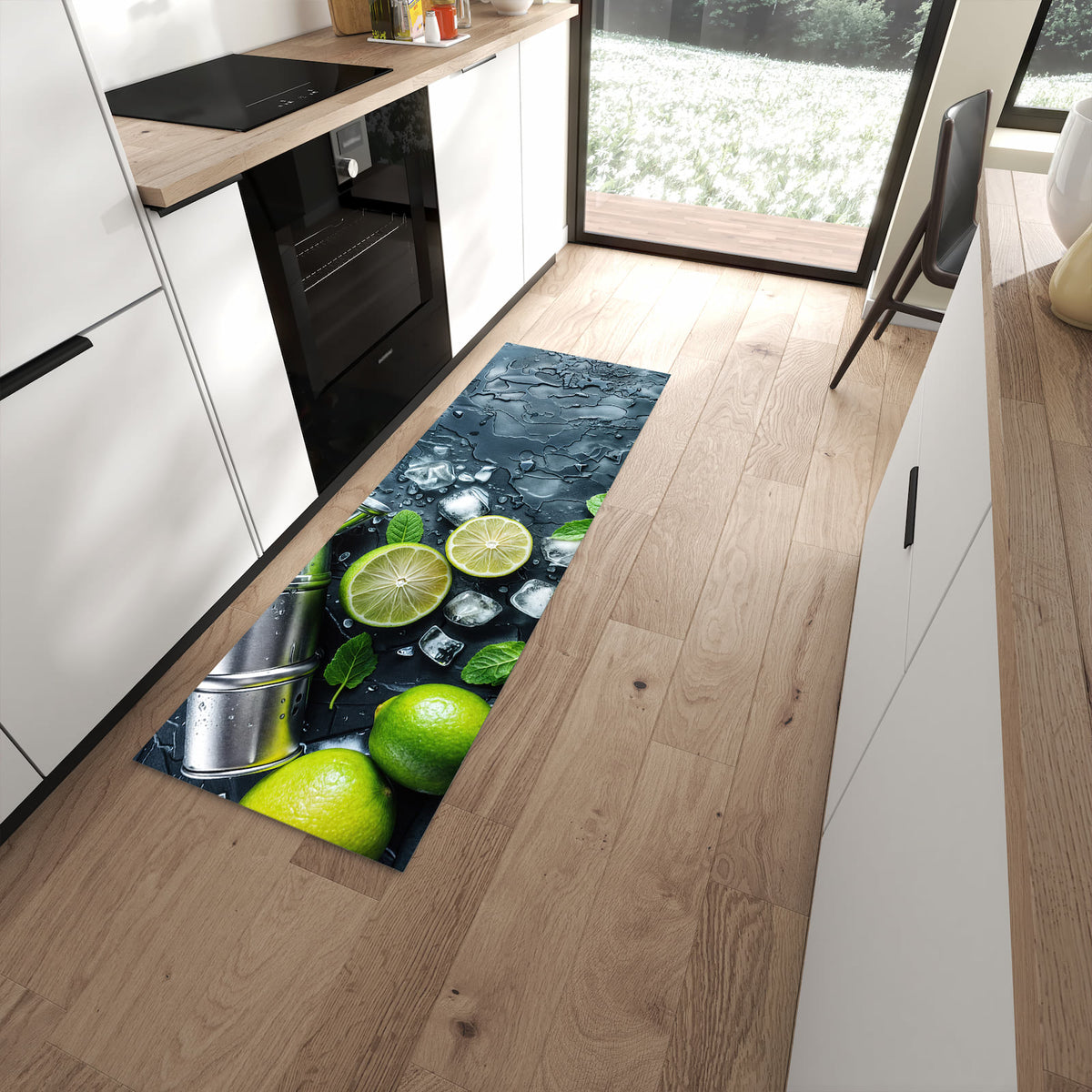 Waschbarer Küchenläufer mit Motiv Frische Limetten in moderner Küche
