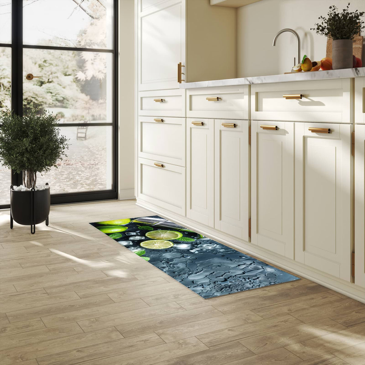 Fleckenresistenter waschbarer Teppich Küche mit Motiv Frische Limetten in heller Küche