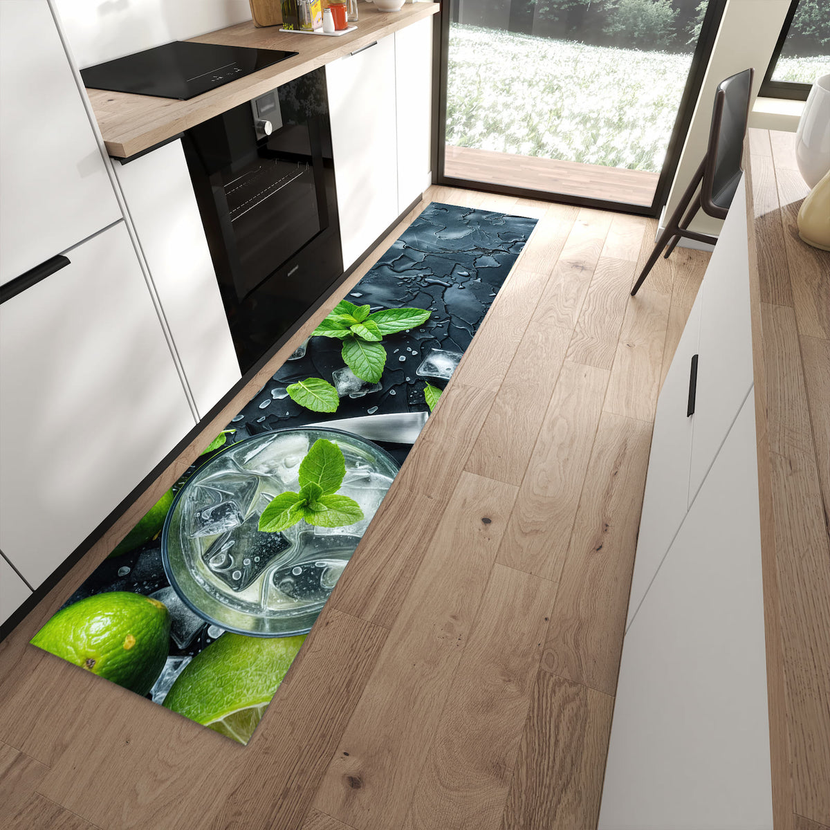 Rutschfester Küchenläufer mit Motiv Frische Limetten in moderner Küche