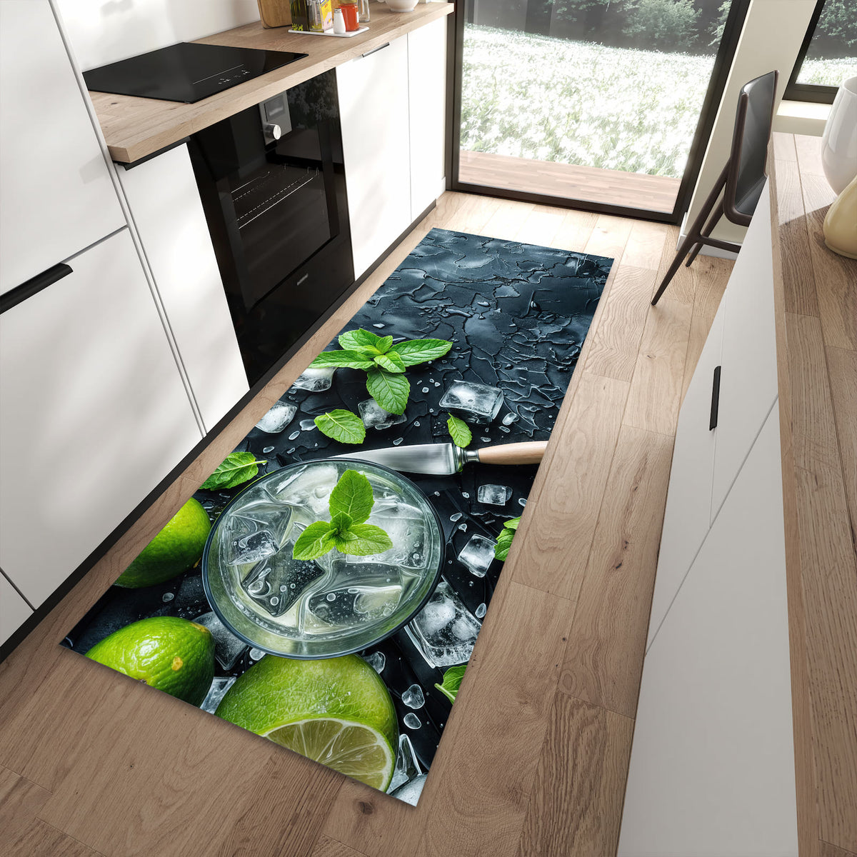 Zeitsparender abwaschbarer Küchenteppich mit Motiv Frische Limetten in moderner Küche
