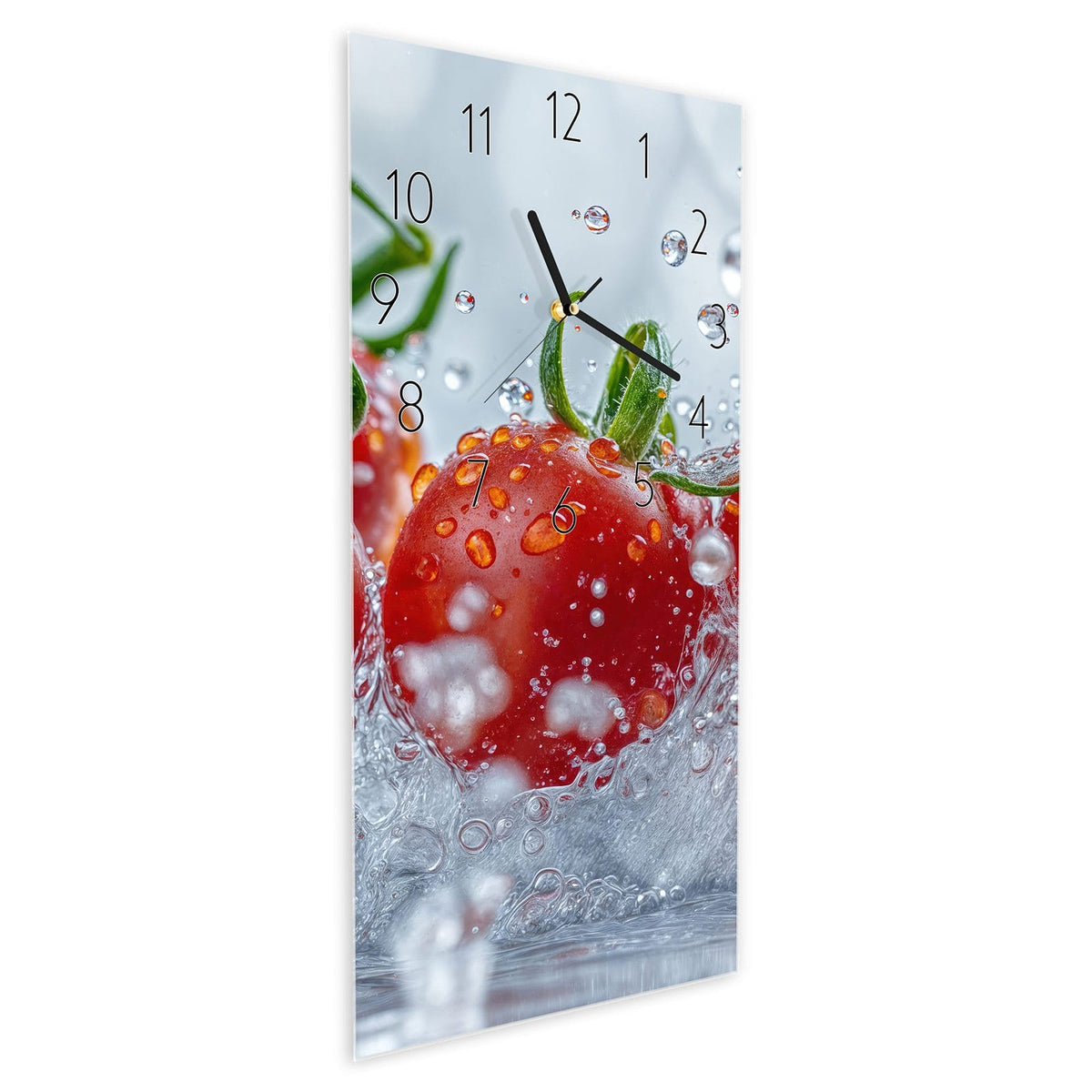 Wanduhr aus Glas im Hochformat Tomaten im Wasser schräg von der Seite, 4 mm starkes Glas