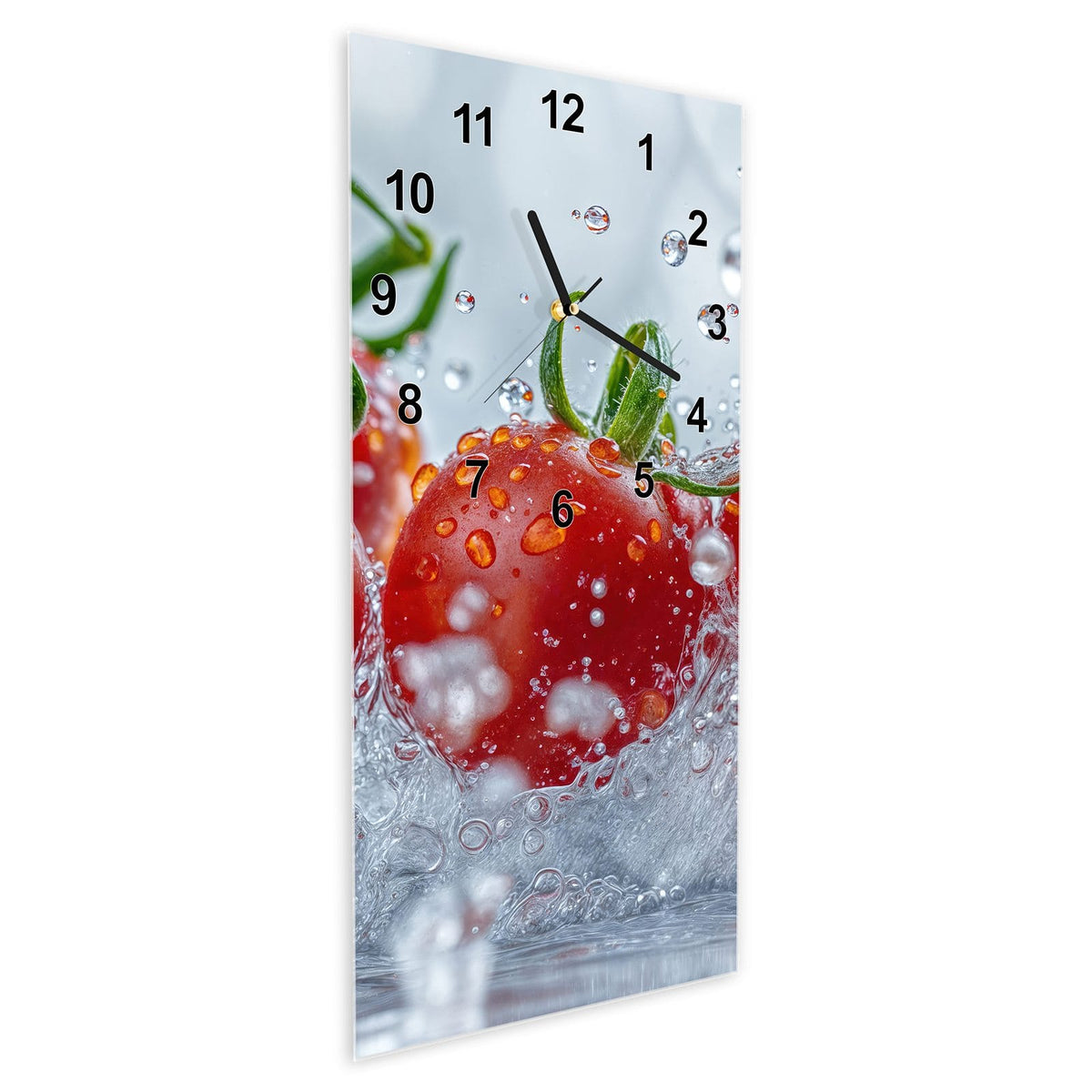 Wanduhr aus Glas im Hochformat Tomaten im Wasser schräg von der Seite, 4 mm starkes Glas