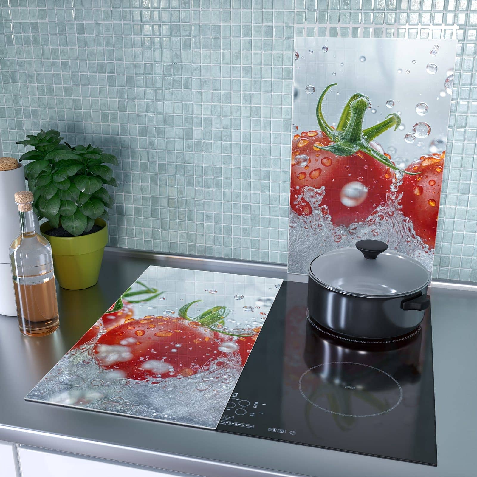 2-teilige Herdabdeckplatte Induktion mit Wassertomaten-Motiv als Spritzschutz hinter dem Kochfeld