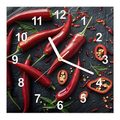 Wanduhr Quadratisch mit dem Motiv Feurige Chilis