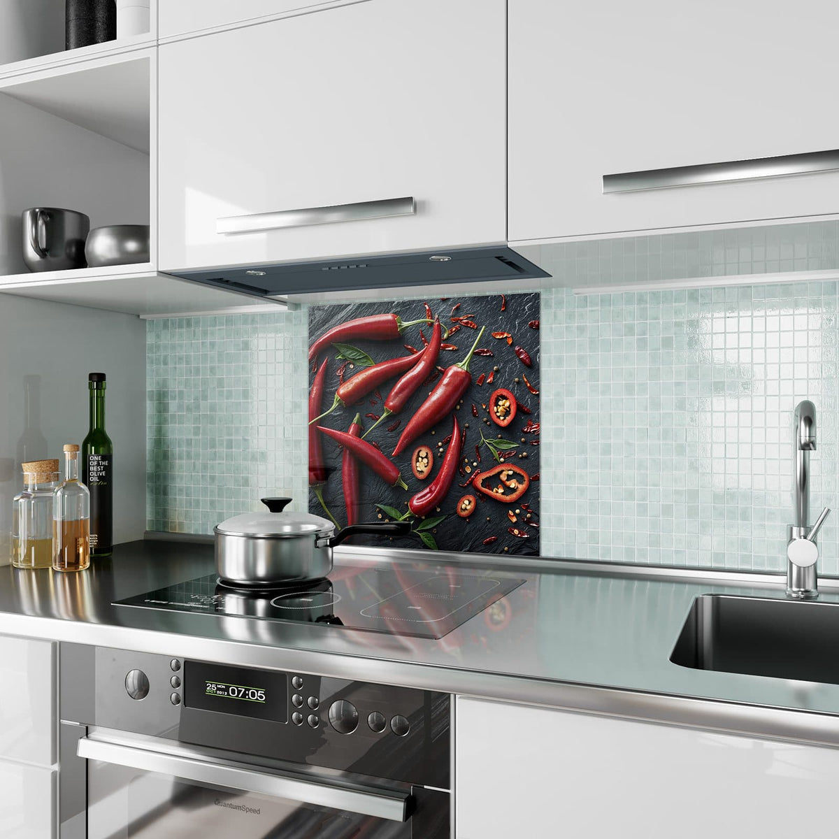 Küchenrückwand aus Glas Feurige Chilis im quadratischen Format als Spritzschutz hinter dem Kochfeld, über dem Fliesenspiegel montiert