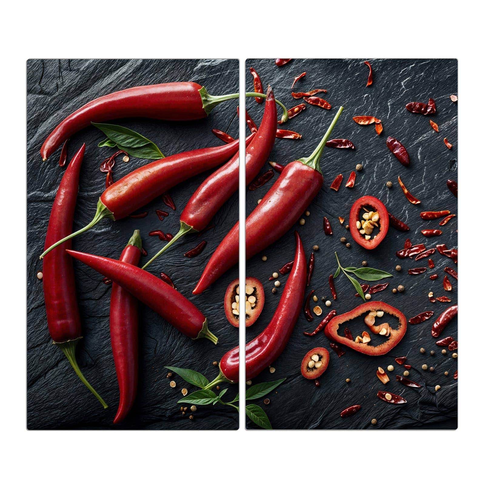 2-teilige Abdeckplatten für Ceranfeld mit Rote Chili Schoten-Motiv in der Frontansicht