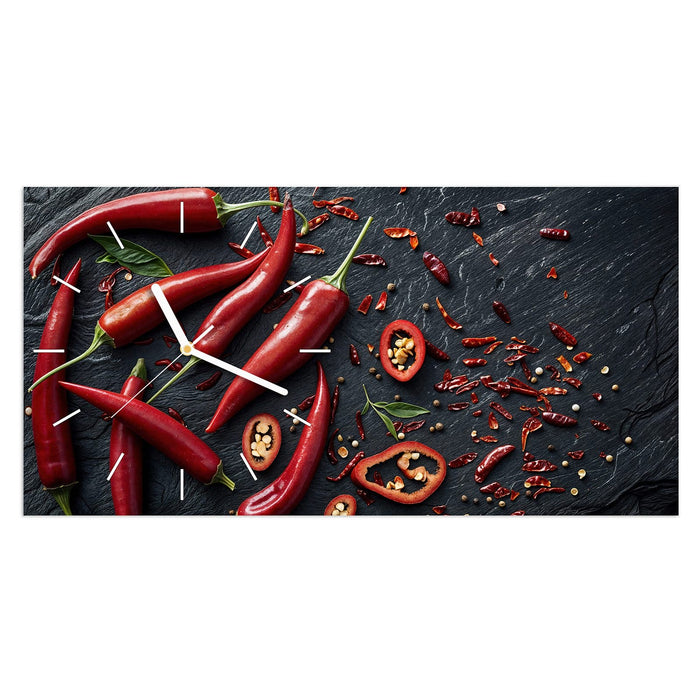Wanduhr Rote Chili Schoten aus Glas – Querformat 60 × 30 cm mit Ziffernblatt Linie