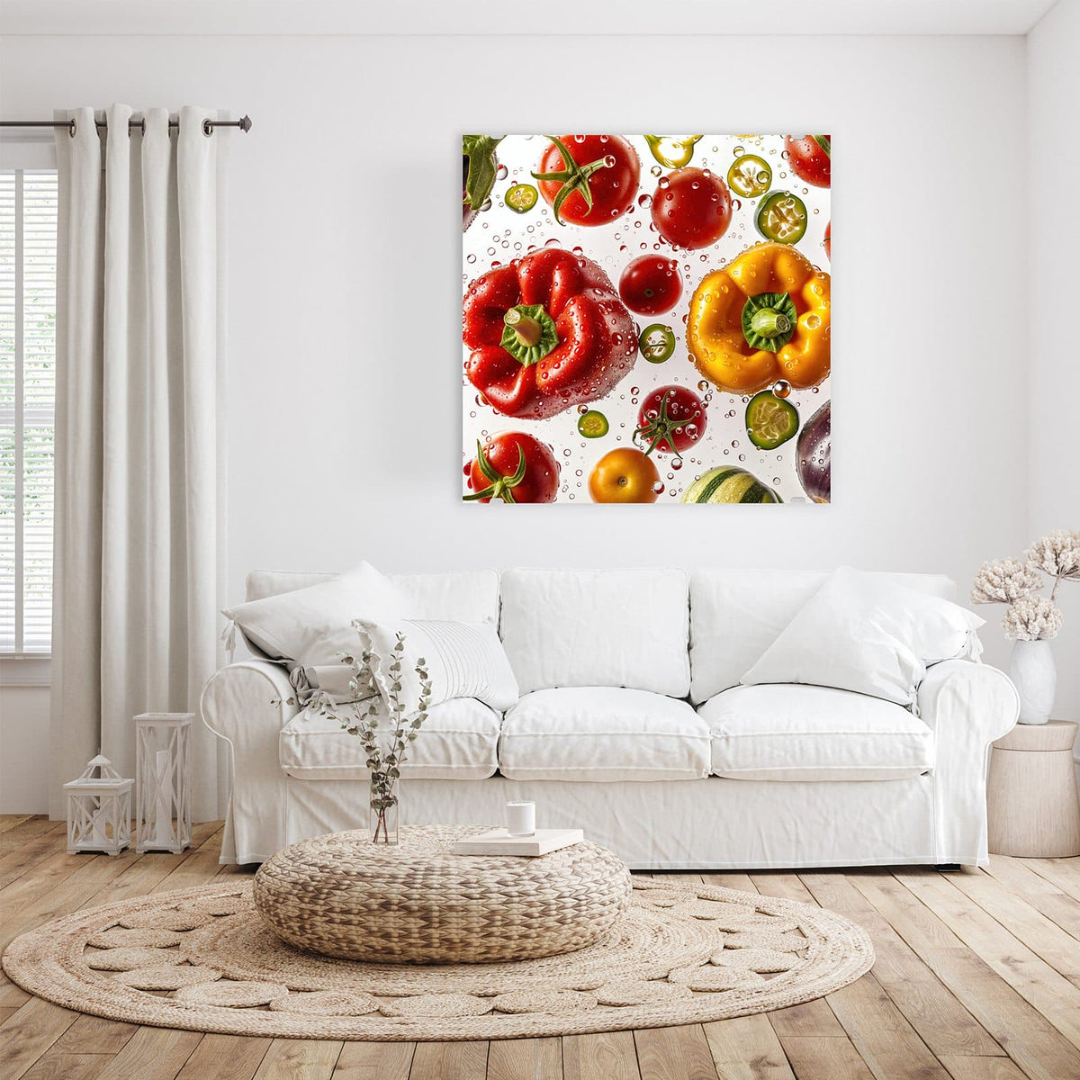 Glasbild Paprika und Tomaten an der Wand – Rote und gelbe Paprika, Tomaten, Gurken- und Chilischeiben mit Wassertropfen auf Weiß