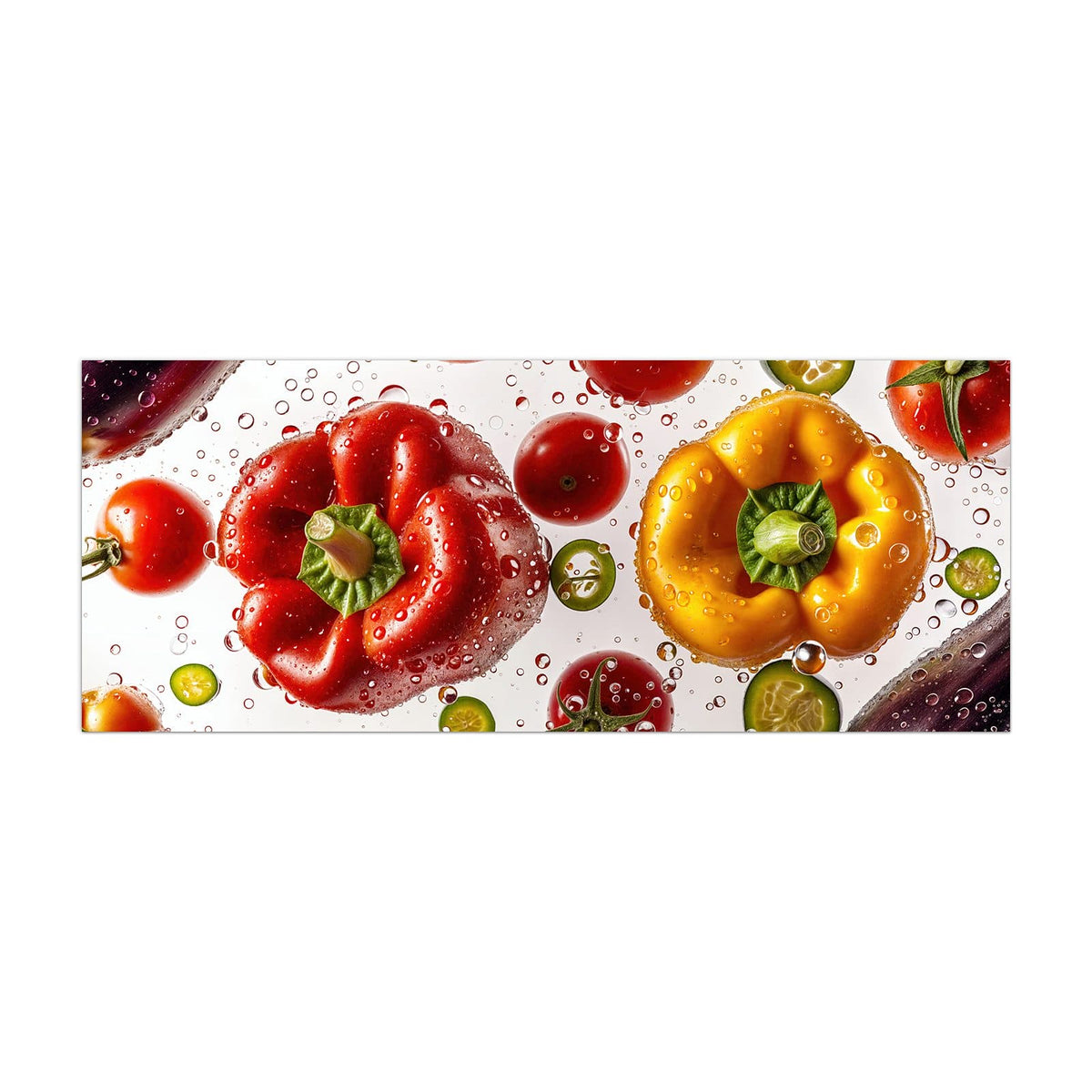 Küchenrückwand aus Glas Paprika und Tomaten im Hochformat, Motiv bildfüllend von vorn