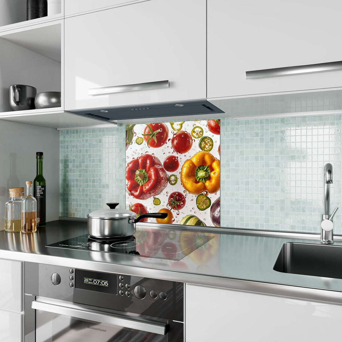 Küchenrückwand aus Glas Paprika und Tomaten im quadratischen Format als Spritzschutz hinter dem Kochfeld, über dem Fliesenspiegel montiert
