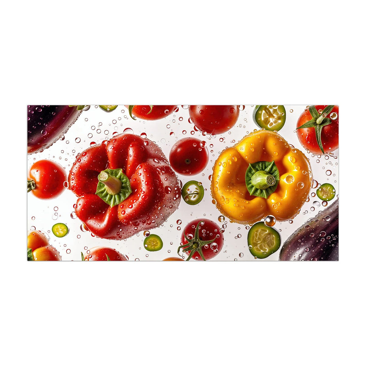 Küchenrückwand aus Glas Paprika und Tomaten im Hochformat, Motiv bildfüllend von vorn