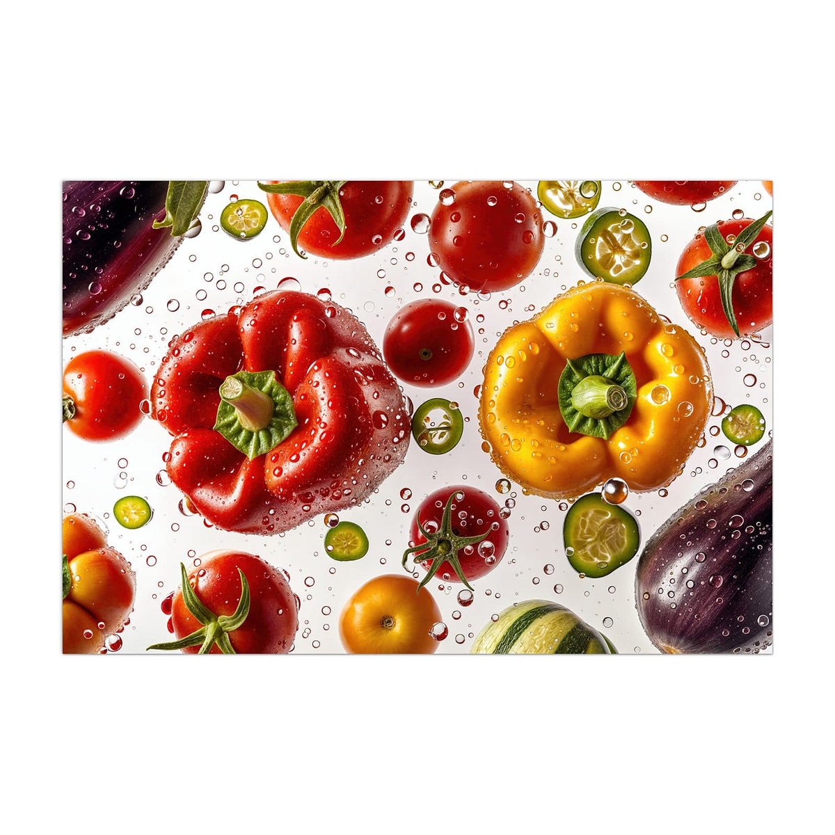 Küchenrückwand aus Glas Paprika und Tomaten im Hochformat, Motiv bildfüllend von vorn