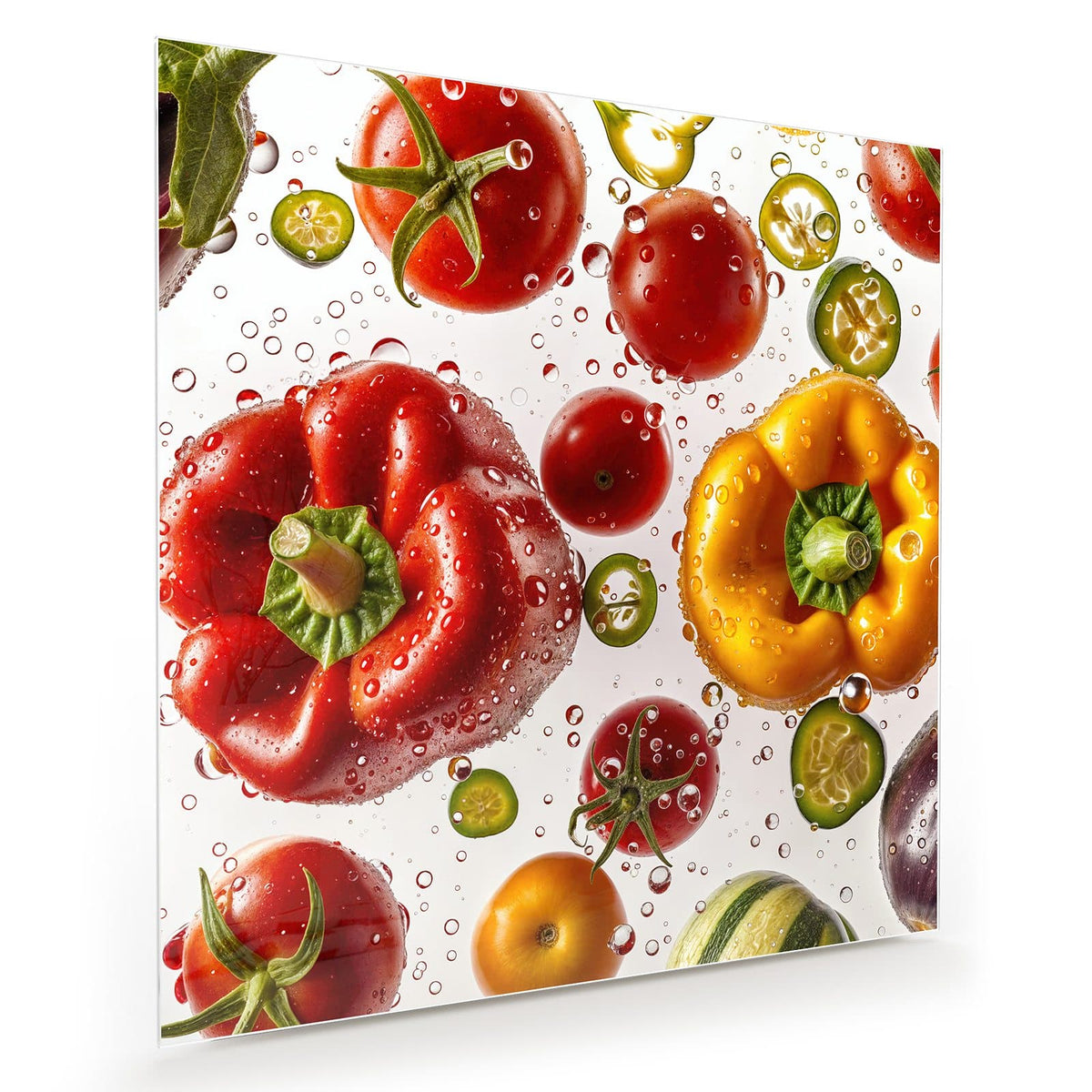 Rote und gelbe Paprika, Tomaten, Gurken- und Chilischeiben mit Wassertropfen auf Weiß