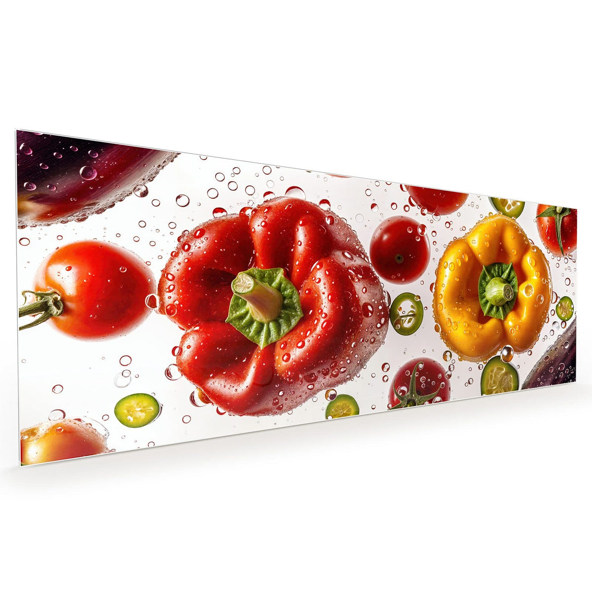 Küchenrückwand aus Glas im Hochformat: Rote und gelbe Paprika, Tomaten, Gurken- und Chilischeiben mit Wassertropfen auf Weiß