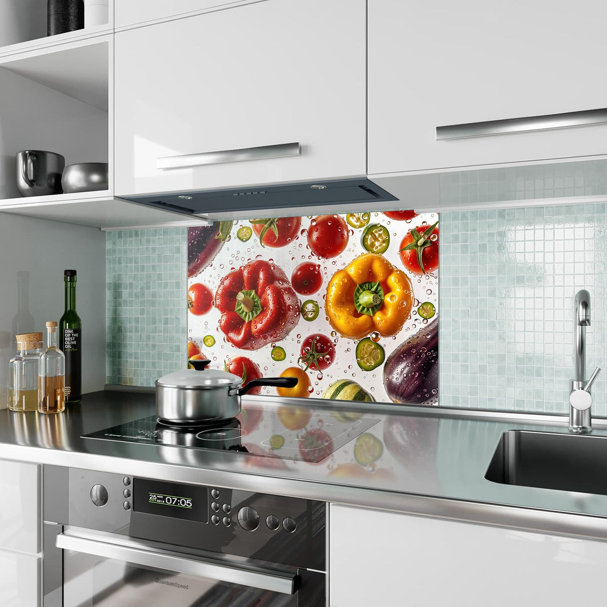 Küchenrückwand aus Glas Paprika und Tomaten im Hochformat als Spritzschutz hinter dem Kochfeld, über dem Fliesenspiegel montiert