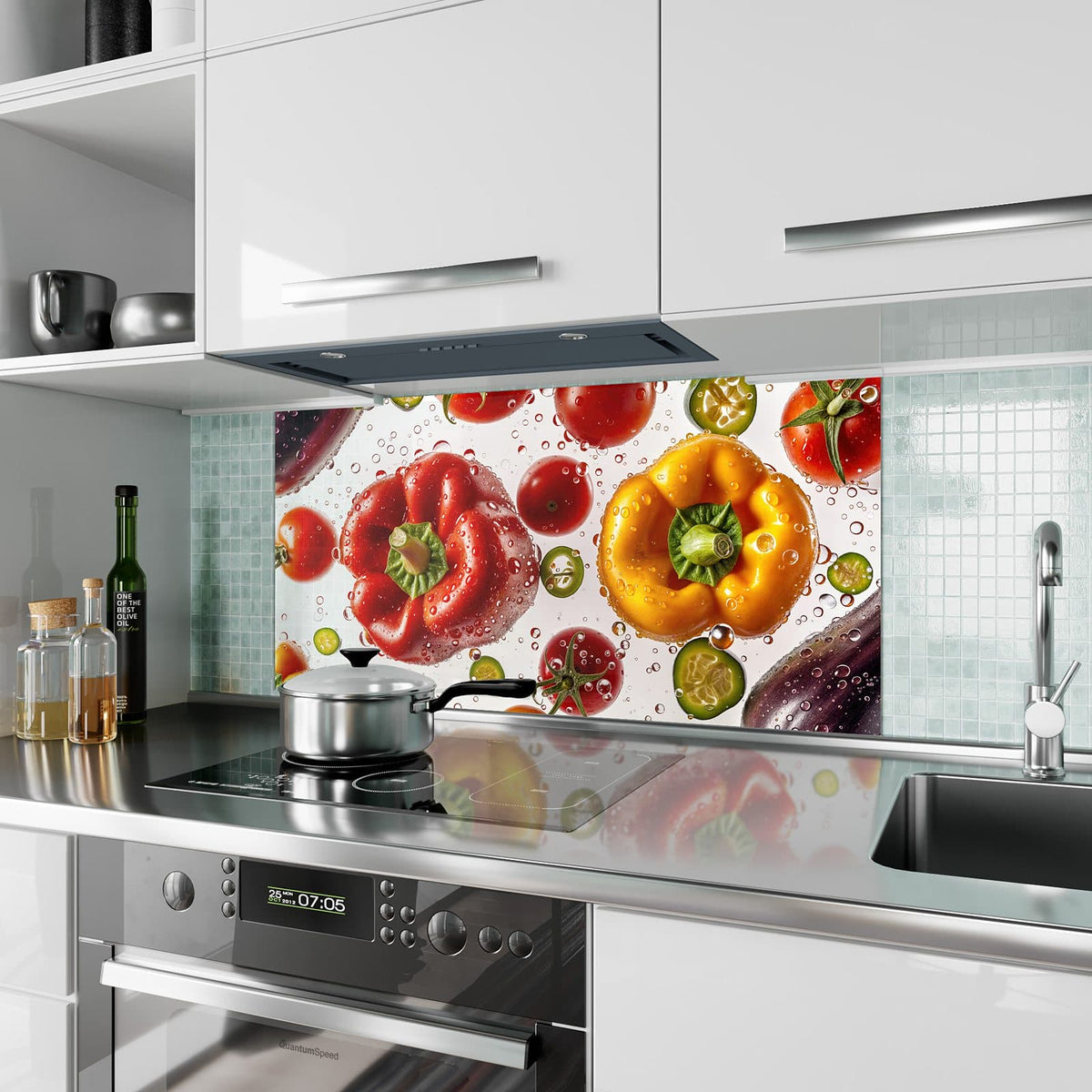 Küchenrückwand aus Glas Paprika und Tomaten im Hochformat als Spritzschutz hinter dem Kochfeld, über dem Fliesenspiegel montiert