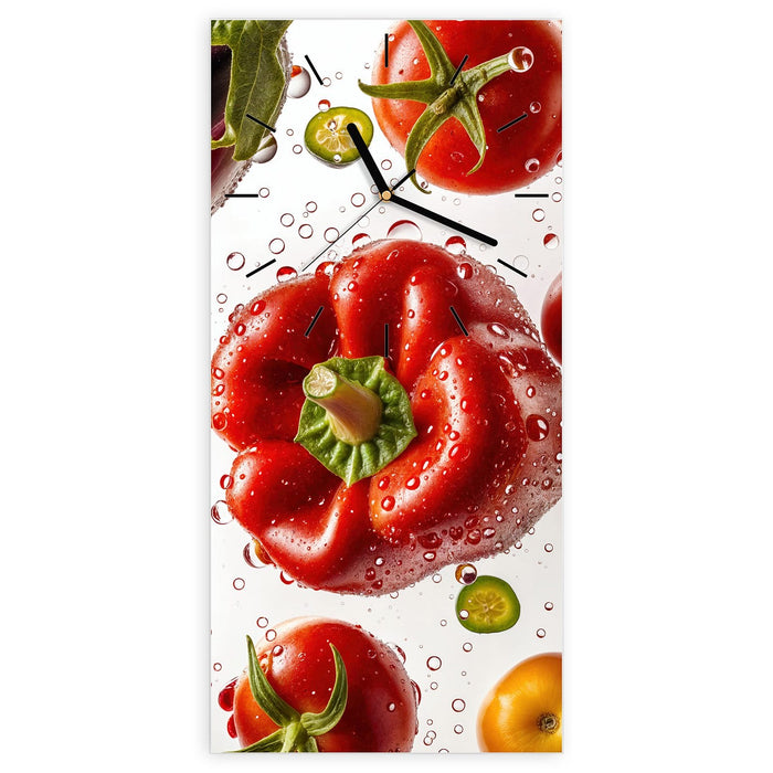 Wanduhr Buntes Frischgemüse aus Glas – Hochformat 30 × 60 cm mit Ziffernblatt Linie
