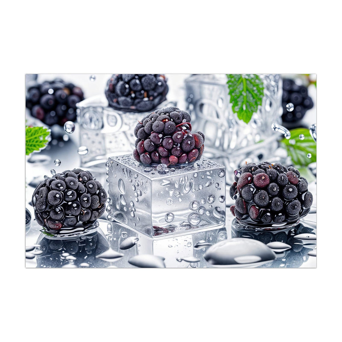 Küchenrückwand aus Glas Brombeeren auf Eis im Hochformat, Motiv bildfüllend von vorn