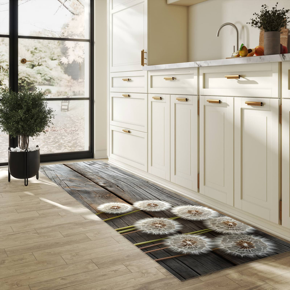 Bodenschonender Läufer für die Küche mit Motiv Pusteblumen Holzoptik in heller Küche