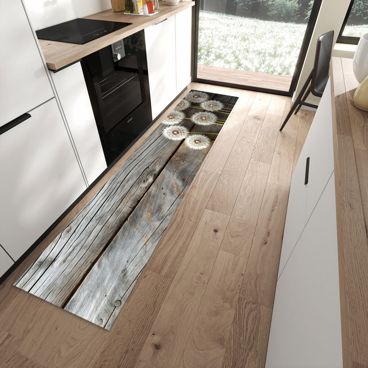Pflegeleichter Küchenteppich mit Motiv Pusteblumen Holzoptik in moderner Küche