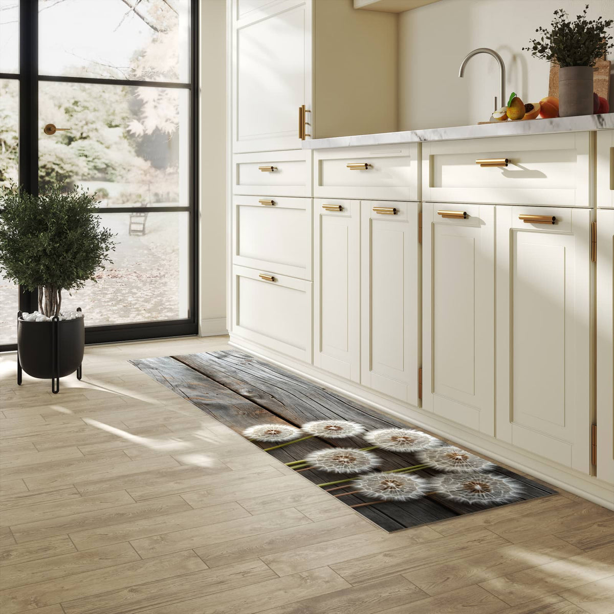 Strapazierfähiger Küchenteppich mit Motiv Pusteblumen Holzoptik in heller Küche