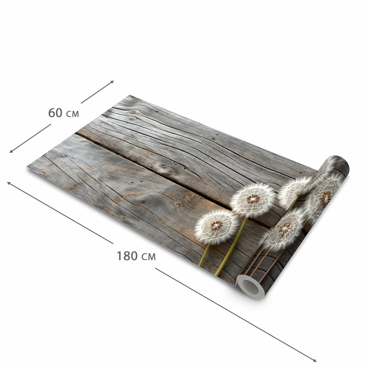 Formstabiler großer Küchenteppich mit Motiv Pusteblumen Holzoptik in der Größe 80x300 cm