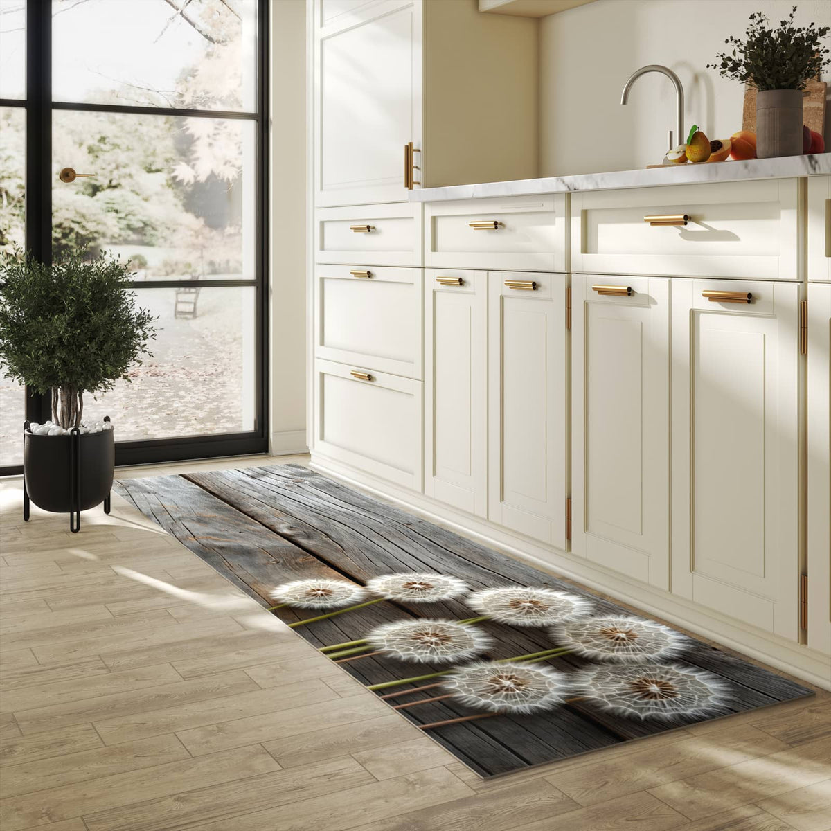 Läufer für die Küche mit Motiv Pusteblumen Holzoptik in heller Küche für Ordnung