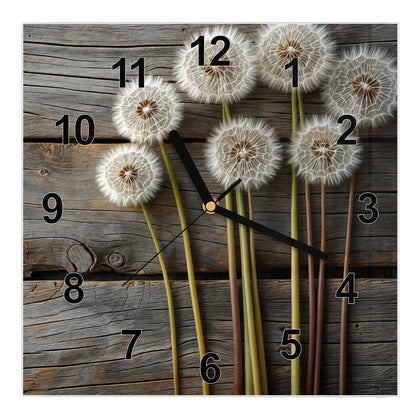 Wanduhr Quadratisch mit dem Motiv Pusteblumen auf Holz