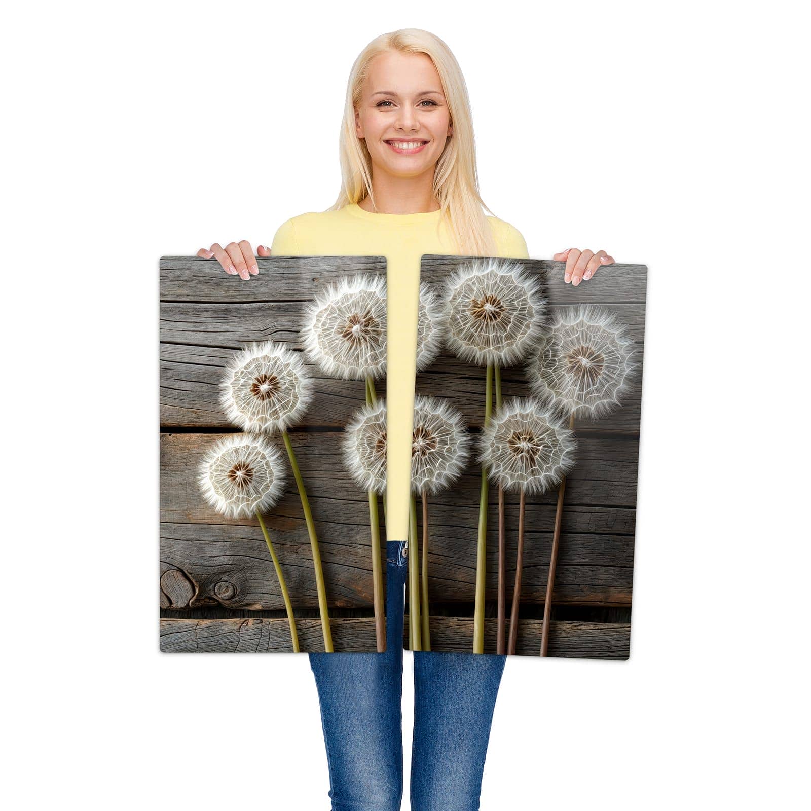 2-teilige Herdabdeckplatte Induktion mit Pusteblumen Holzoptik-Motiv wird zur Größendarstellung gehalten