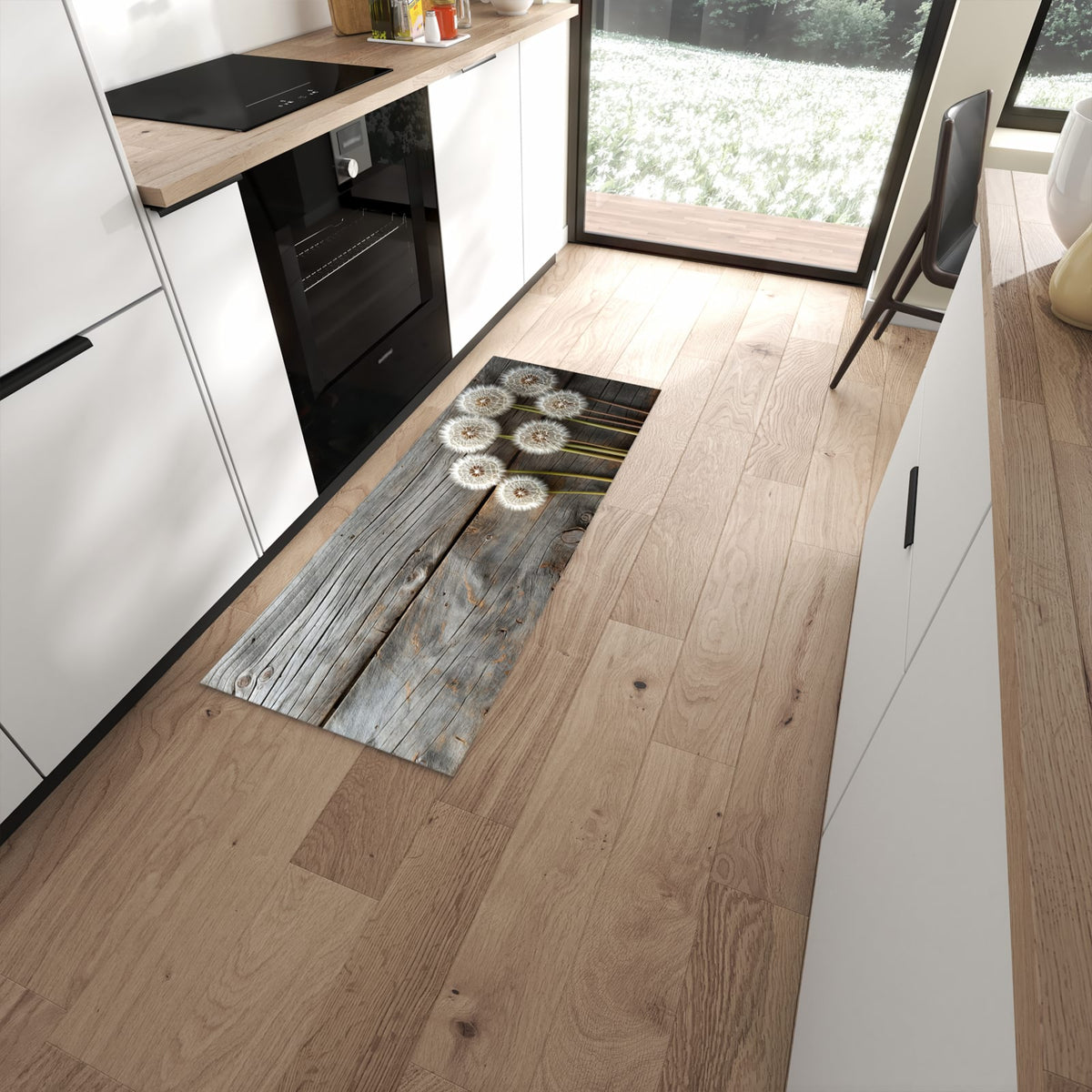 Geruchsneutraler waschbarer Küchenteppich mit Motiv Pusteblumen Holzoptik in moderner Küche #grösse_60 x 150 cm