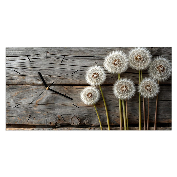 Wanduhr Pusteblumen Holzoptik aus Glas – Querformat 60 × 30 cm mit Ziffernblatt Linie