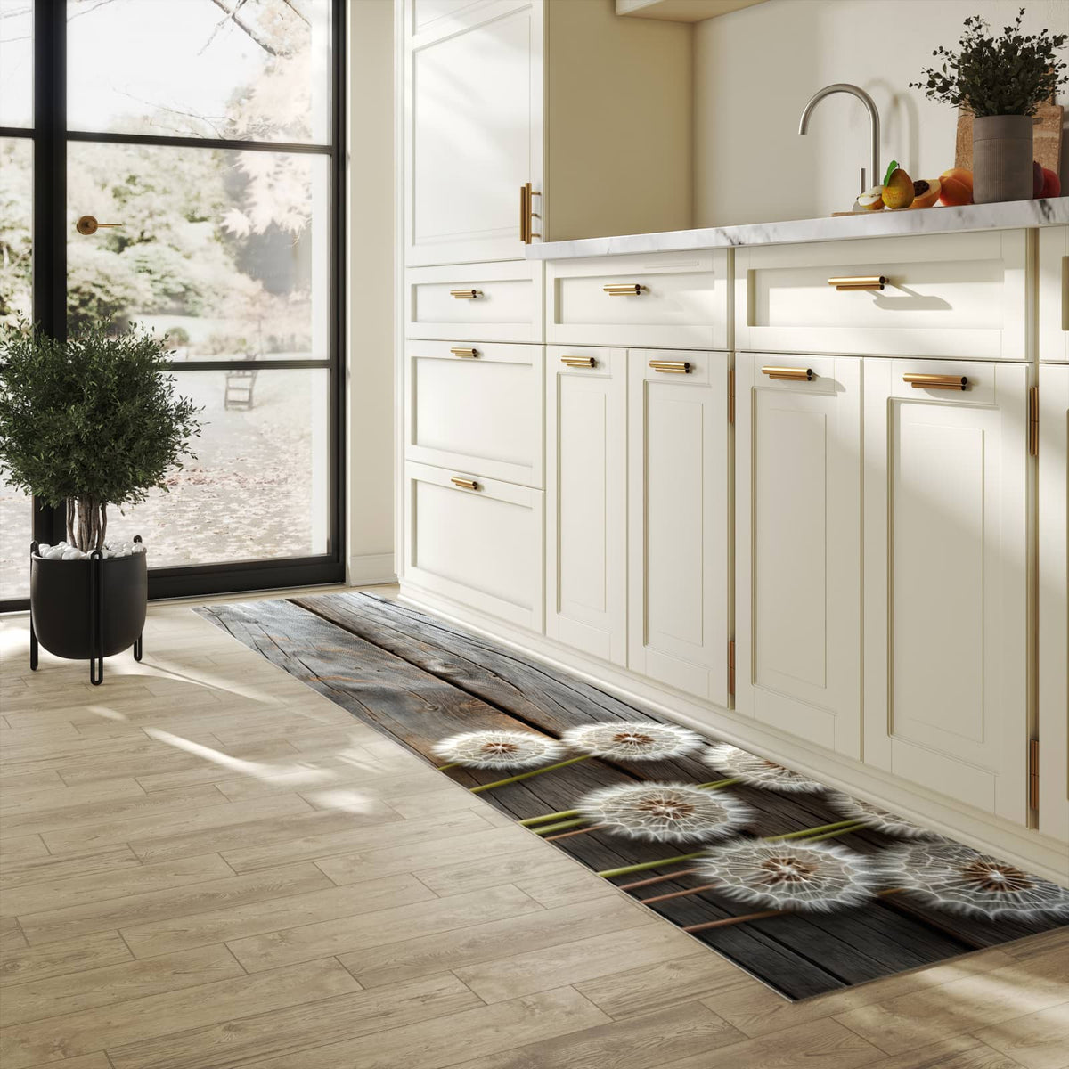 Langlebiger Teppich für die Küche mit Motiv Pusteblumen Holzoptik in heller Küche