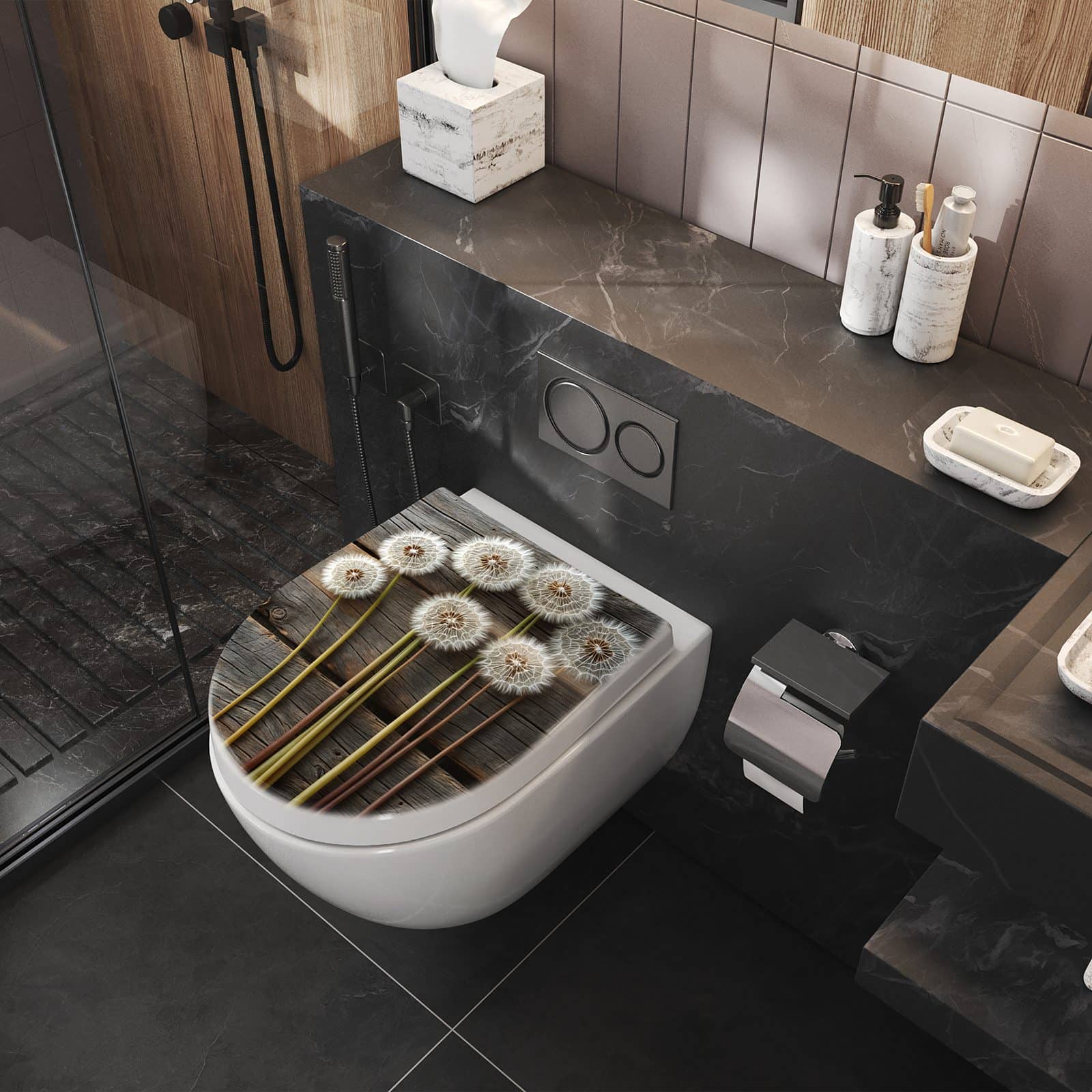 WC-Sitz mit Absenkautomatik Pusteblumen Holzoptik