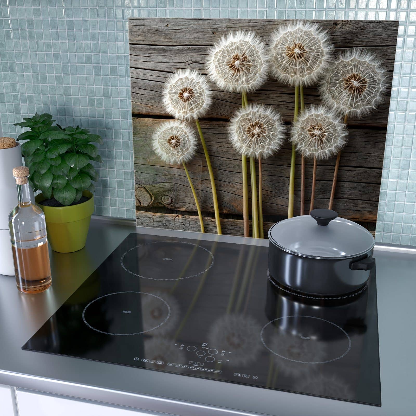 1-teilige Herdabdeckung aus Holz mit Pusteblumen Holzoptik-Motiv als Spritzschutz hinter dem Kochfeld