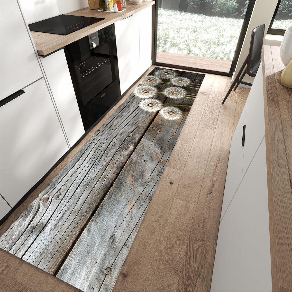 Strapazierfähiger Küchenläufer mit Motiv Pusteblumen Holzoptik in moderner Küche