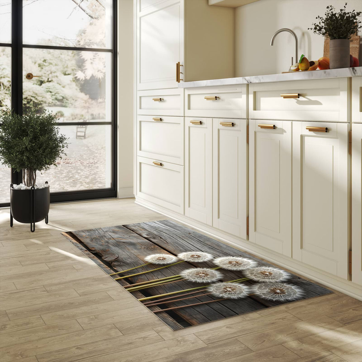 Farbbeständiger Küchenläufer mit Motiv Pusteblumen Holzoptik in heller Küche