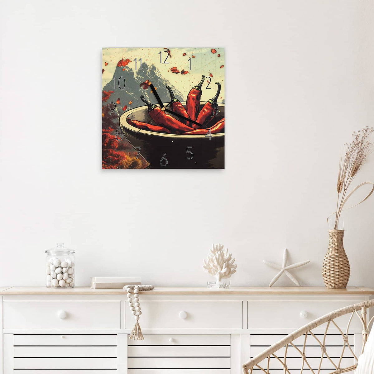 Wanduhr Schale mit Chilis aus Glas – Quadratisch 30 × 30 cm – Rote Schoten dicht an dicht