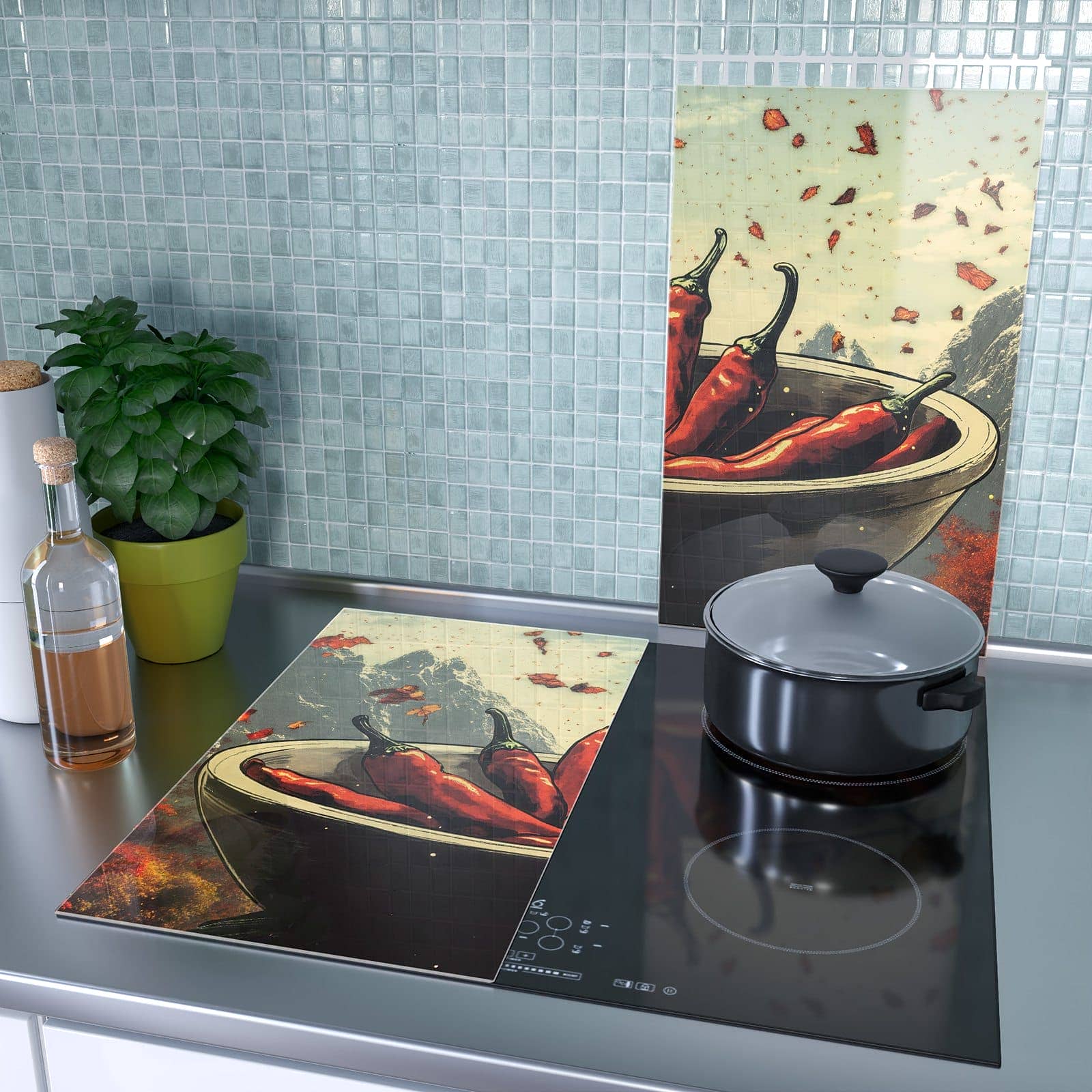 2-teilige Herdabdeckplatte mit Frische Chilischoten-Motiv als Spritzschutz hinter dem Kochfeld