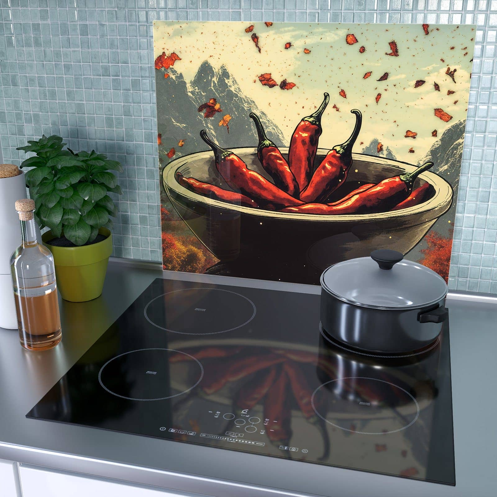 1-teilige Ceranfeld Abdeckungen mit Frische Chilischoten-Motiv als Spritzschutz hinter dem Kochfeld