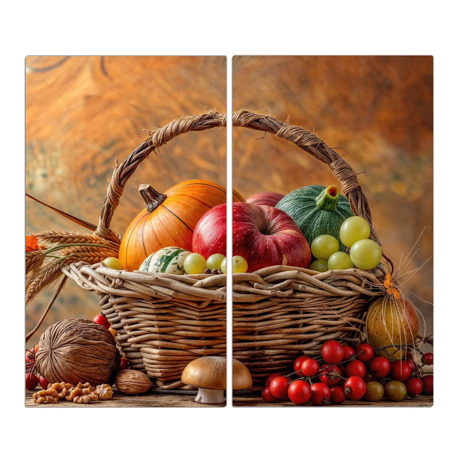 2-teilige Herdabdeckplatte aus Glas mit Herbstlicher Korb-Motiv in der Frontansicht #grösse_2-Teilig (60x52cm)