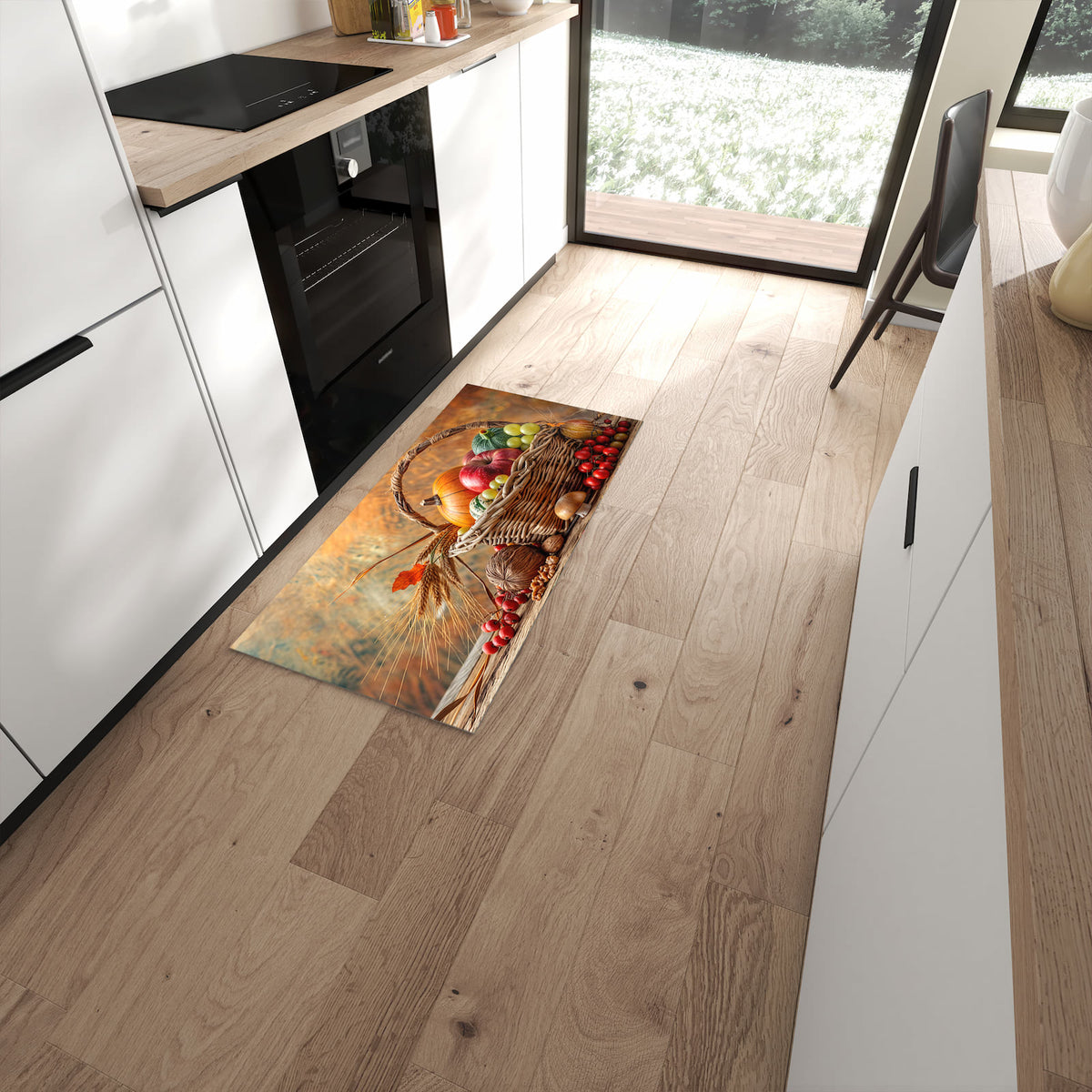 Langlebiger Küchenteppich mit Motiv Herbstlicher Korb in moderner Küche #grösse_60 x 120 cm