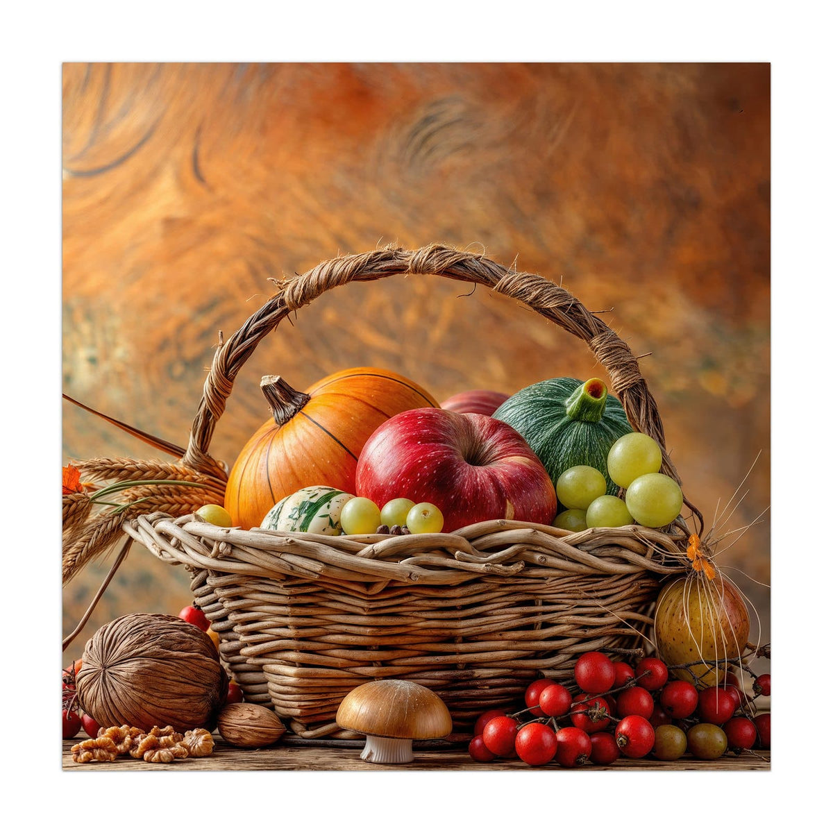 Küchenrückwand aus Glas Herbstlicher Korb im quadratischen Format, Motiv bildfüllend von vorn #grösse_40 x 40 cm #grösse_50 x 50 cm #grösse_60 x 60 cm