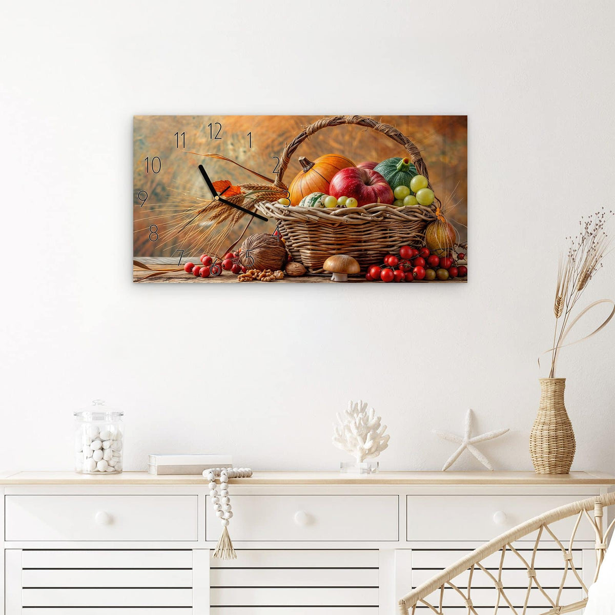 Wanduhr Herbstlicher Korb aus Glas – Querformat 60 × 30 cm – Erntekorb mit Äpfeln und Kürbissen