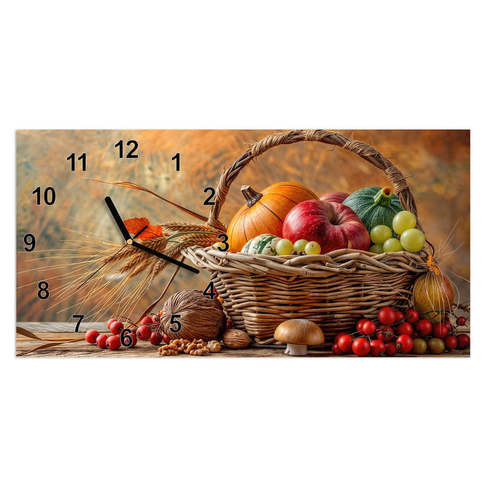 Wanduhr Herbstlicher Korb aus Glas – Querformat 60 × 30 cm mit Ziffernblatt Modern