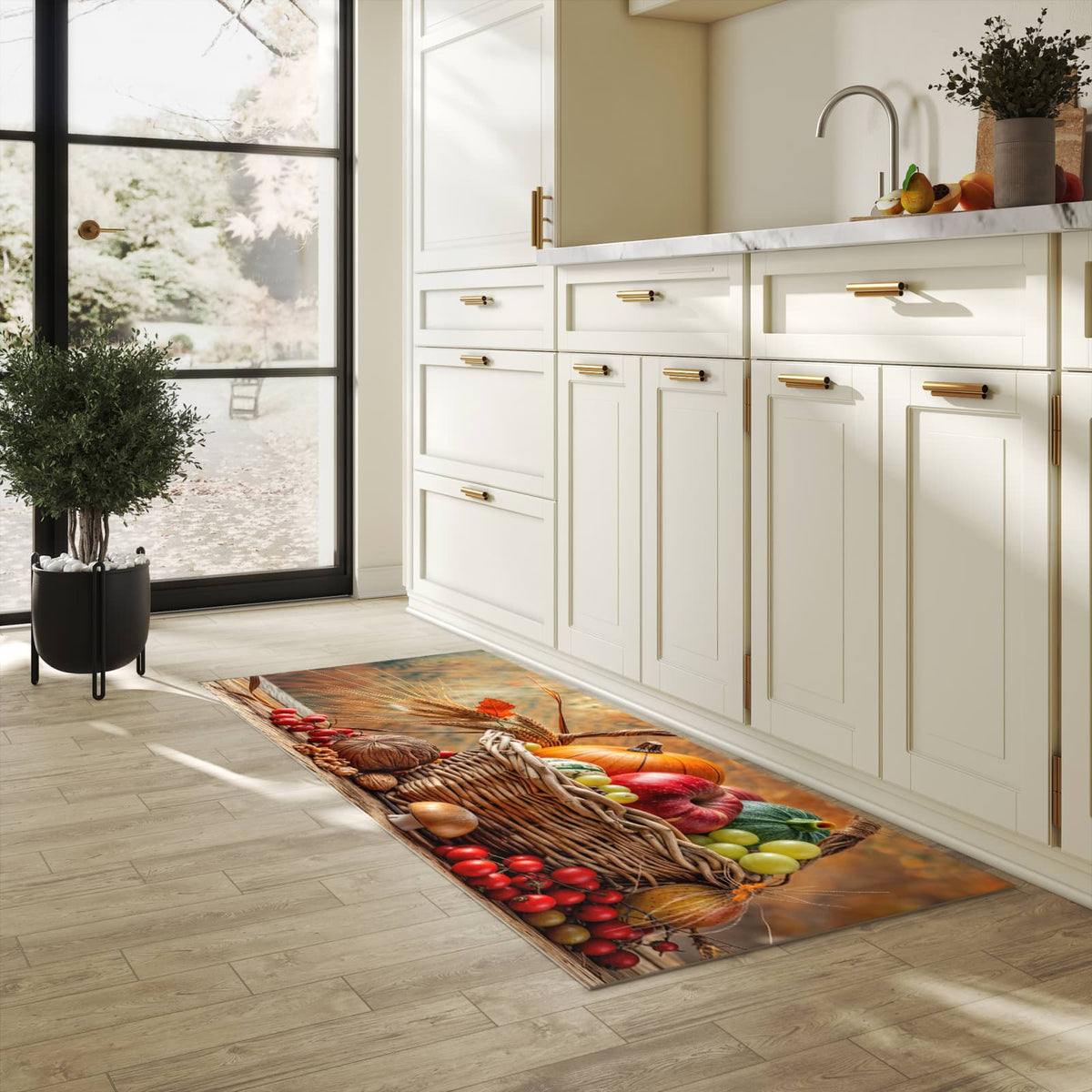 Küchenteppich mit Motiv Herbstlicher Korb für Ordnung in heller Küche