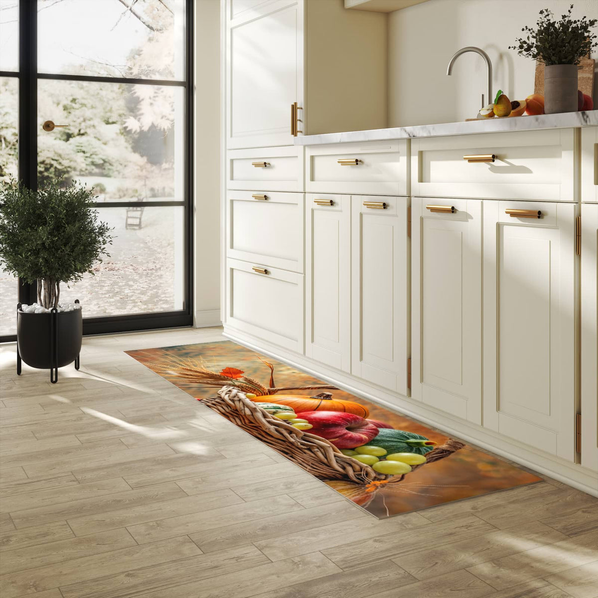 Langlebiger Küchenteppich mit Motiv Herbstlicher Korb in heller Küche